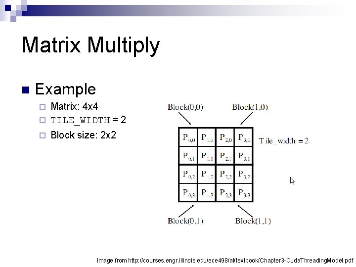 Matrix Multiply n Example Matrix: 4 x 4 ¨ TILE_WIDTH = 2 ¨ ¨