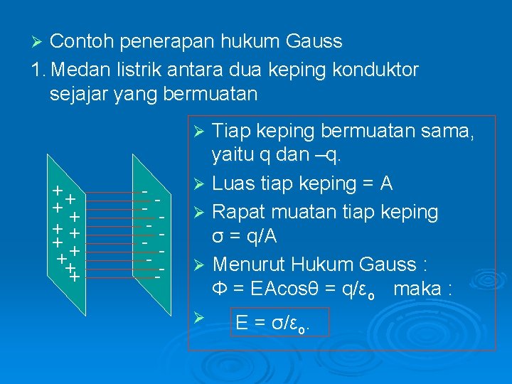 Contoh penerapan hukum Gauss 1. Medan listrik antara dua keping konduktor sejajar yang bermuatan