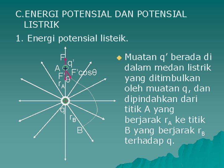 C. ENERGI POTENSIAL DAN POTENSIAL LISTRIK 1. Energi potensial listeik. F q’ A +