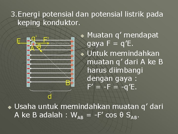 3. Energi potensial dan potensial listrik pada keping konduktor. F u q’ F’ +θ