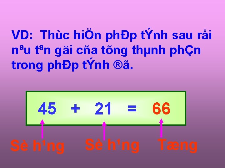 VD: Thùc hiÖn phÐp tÝnh sau råi nªu tªn gäi cña tõng thµnh phÇn