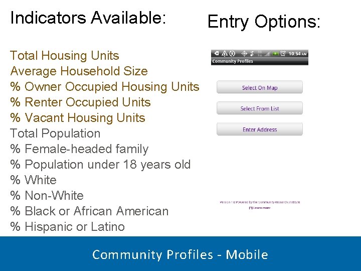 Indicators Available: Entry Options: Total Housing Units Average Household Size % Owner Occupied Housing