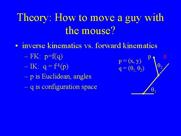 Theory: How to move a guy with the mouse? • inverse kinematics vs. forward