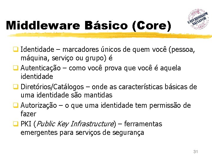 Middleware Básico (Core) q Identidade – marcadores únicos de quem você (pessoa, máquina, serviço