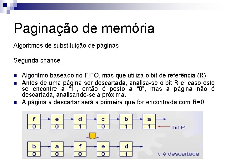 Paginação de memória Algoritmos de substituição de páginas Segunda chance n n n Algoritmo