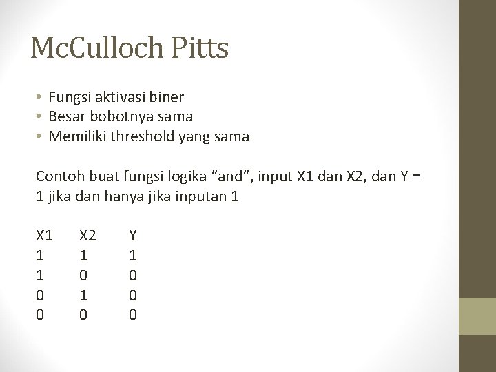 Mc. Culloch Pitts • Fungsi aktivasi biner • Besar bobotnya sama • Memiliki threshold