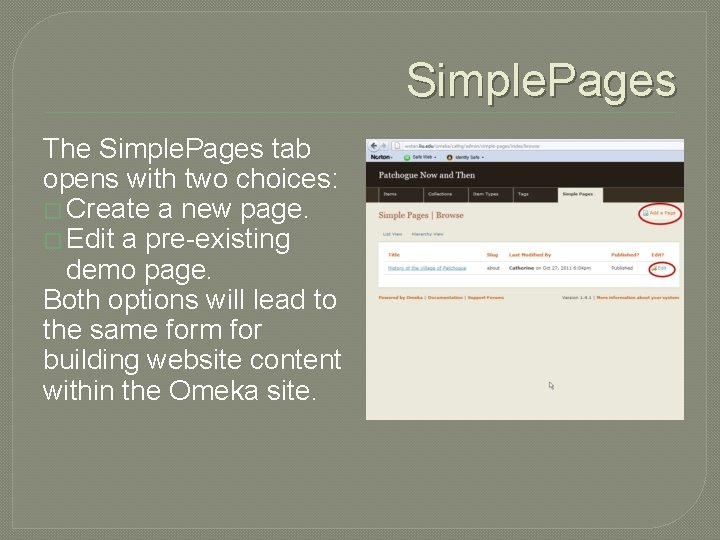 Simple. Pages The Simple. Pages tab opens with two choices: � Create a new