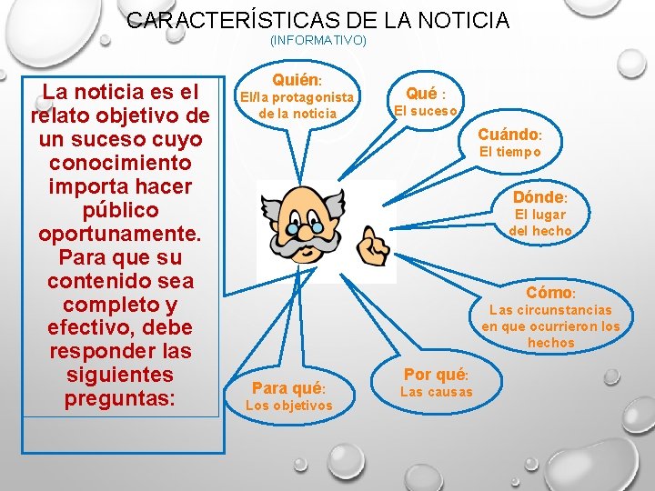 CARACTERÍSTICAS DE LA NOTICIA (INFORMATIVO) La noticia es el relato objetivo de un suceso