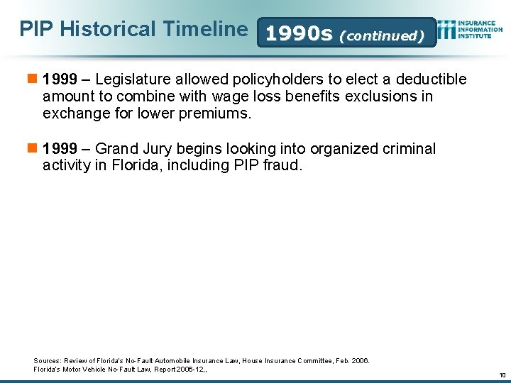 PIP Historical Timeline 1990 s (continued) n 1999 – Legislature allowed policyholders to elect