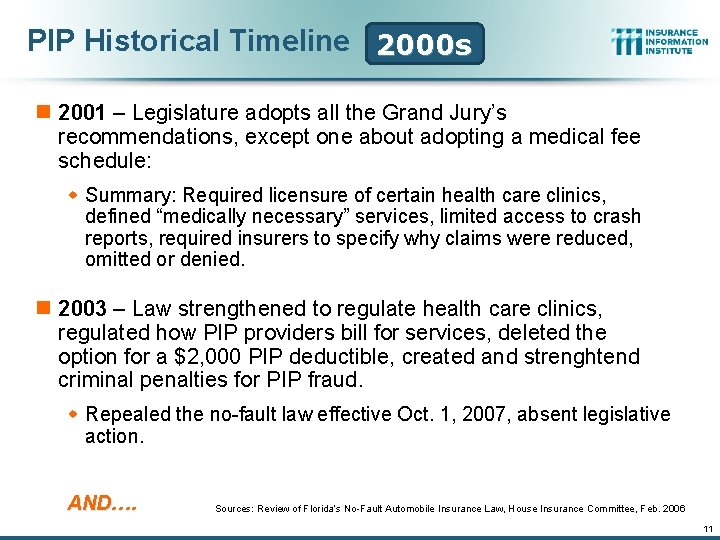 PIP Historical Timeline 2000 s n 2001 – Legislature adopts all the Grand Jury’s