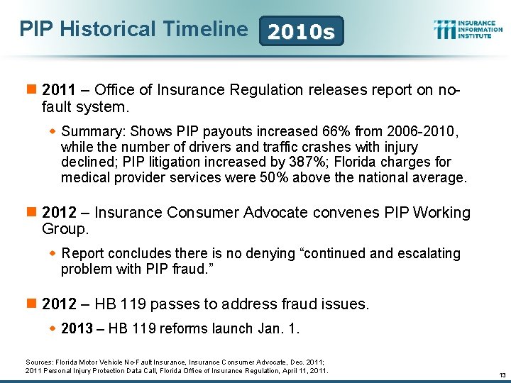 PIP Historical Timeline 2010 s n 2011 – Office of Insurance Regulation releases report