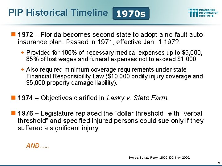 PIP Historical Timeline 1970 s n 1972 – Florida becomes second state to adopt