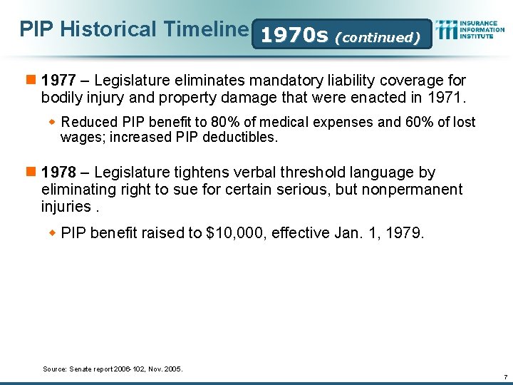 PIP Historical Timeline 1970 s (continued) n 1977 – Legislature eliminates mandatory liability coverage