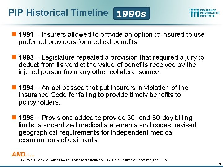PIP Historical Timeline 1990 s n 1991 – Insurers allowed to provide an option