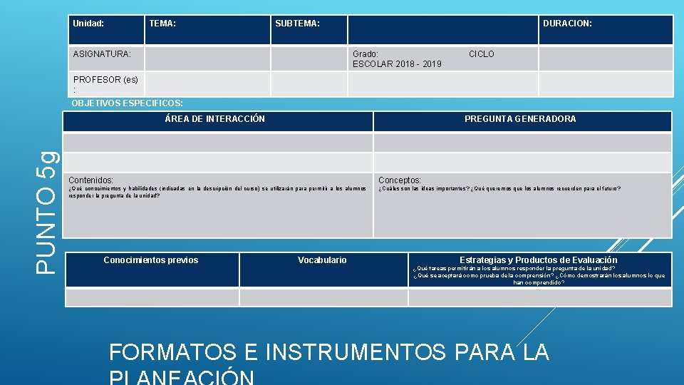 Unidad: TEMA: SUBTEMA: ASIGNATURA: DURACION: Grado: CICLO ESCOLAR 2018 - 2019 PROFESOR (es) :