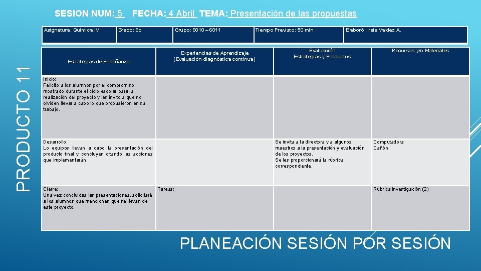 SESION NUM: 5 FECHA: 4 Abril TEMA: Presentación de las propuestas PRODUCTO 11 Asignatura: