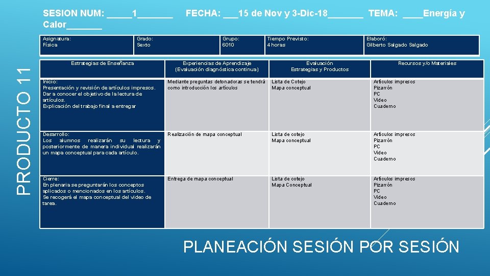  SESION NUM: _____1_______ FECHA: ___15 de Nov y 3 -Dic-18_______ TEMA: ____Energía y