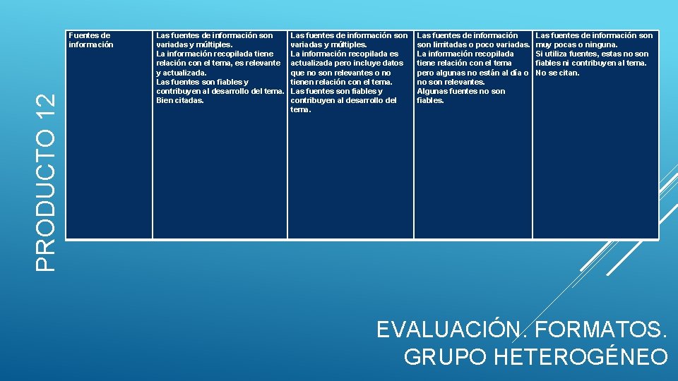 PRODUCTO 12 Fuentes de información Las fuentes de información son variadas y múltiples. La