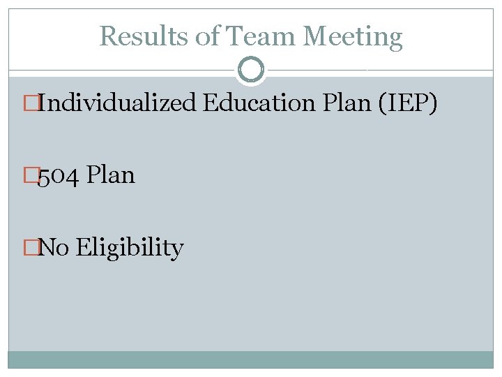 Results of Team Meeting �Individualized Education Plan (IEP) � 504 Plan �No Eligibility 