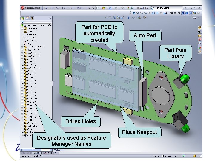 Part for PCB is automatically created Auto Part from Library Drilled Holes Designators used