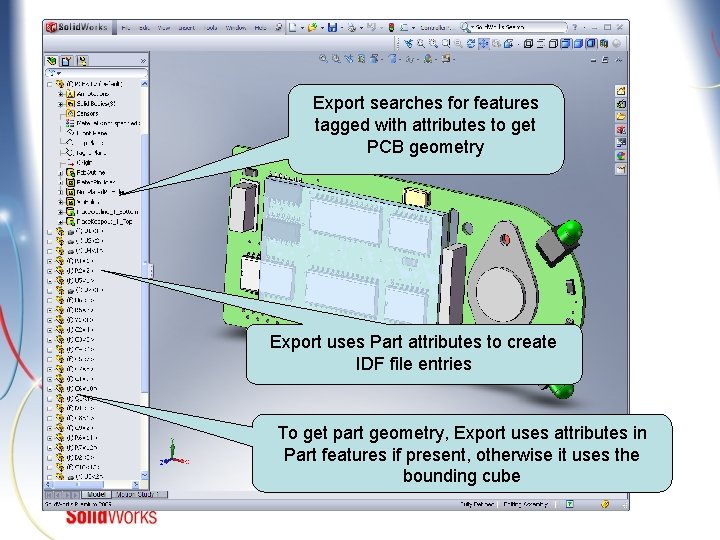 Export searches for features tagged with attributes to get PCB geometry Export uses Part