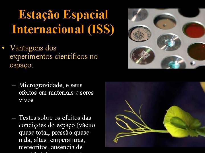 Estação Espacial Internacional (ISS) • Vantagens dos experimentos científicos no espaço: – Microgravidade, e