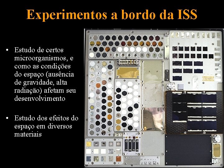 Experimentos a bordo da ISS • Estudo de certos microorganismos, e como as condições