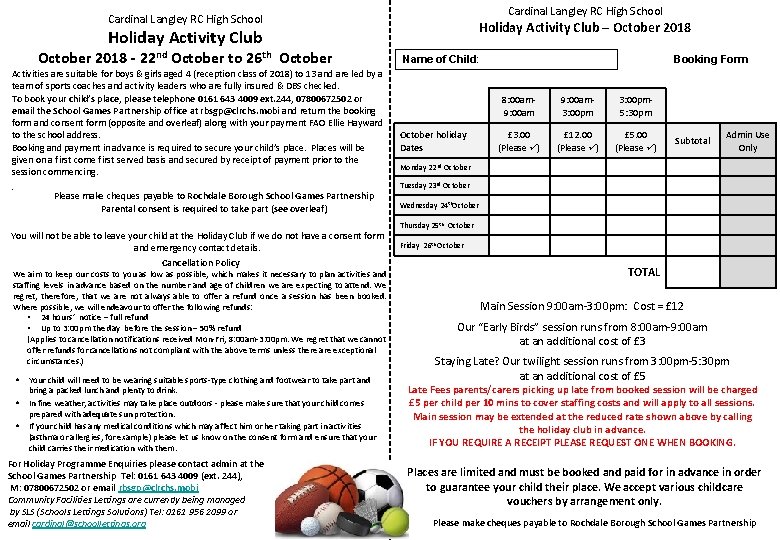 Cardinal Langley RC High School Holiday Activity Club – October 2018 Holiday Activity Club