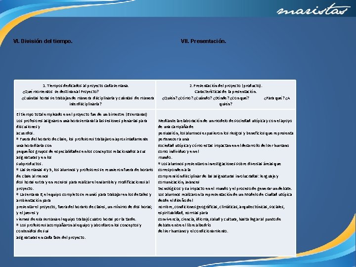 VI. División del tiempo. VII. Presentación. 1. Tiempos dedicados al proyecto cada semana. ¿Qué