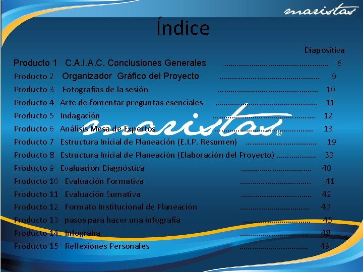 Índice Diapositiva Producto 1 C. A. I. A. C. Conclusiones Generales …………………. . ……