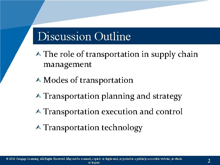 Discussion Outline Ù The role of transportation in supply chain management Ù Modes of