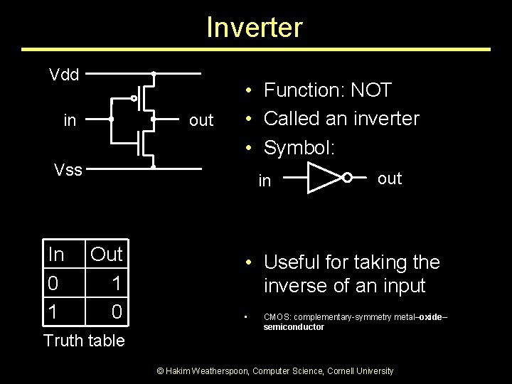 Inverter Vdd in out • Function: NOT • Called an inverter • Symbol: Vss Inverter Vdd in out • Function: NOT • Called an inverter • Symbol: Vss