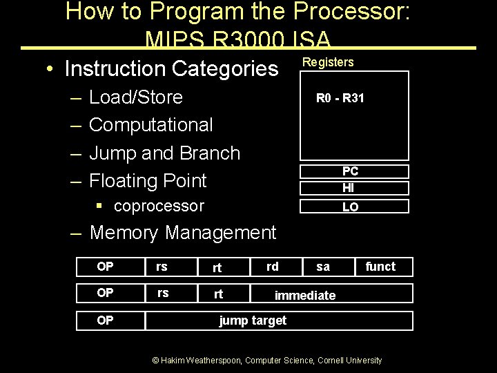 How to Program the Processor: MIPS R 3000 ISA • Instruction Categories – – How to Program the Processor: MIPS R 3000 ISA • Instruction Categories – –