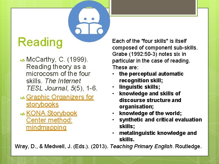 Reading Each of the "four skills" is itself composed of component sub-skills. Grabe (1992: