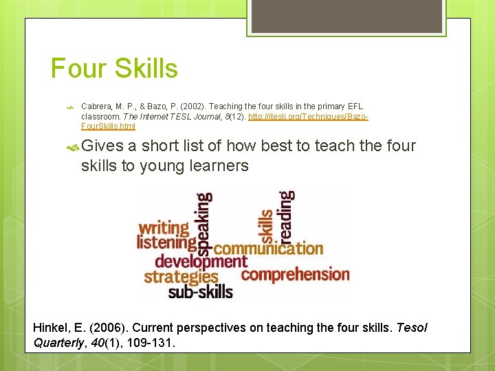 Four Skills Cabrera, M. P. , & Bazo, P. (2002). Teaching the four skills