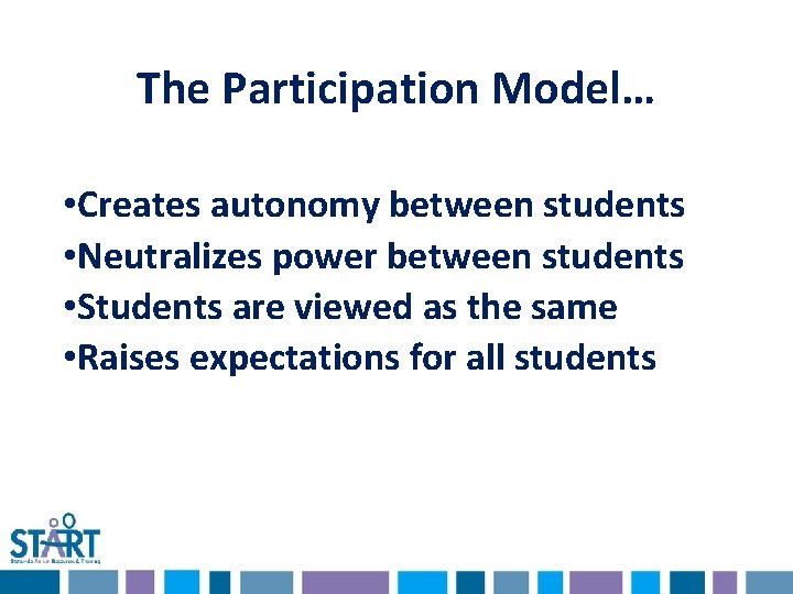 The Participation Model… • Creates autonomy between students • Neutralizes power between students • The Participation Model… • Creates autonomy between students • Neutralizes power between students •