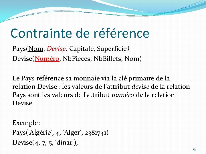 Contrainte de référence Pays(Nom, Devise, Capitale, Superficie) Devise(Numéro, Nb. Pieces, Nb. Billets, Nom) Le