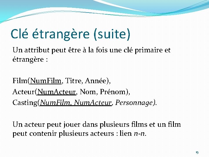 Clé étrangère (suite) Un attribut peut être à la fois une clé primaire et