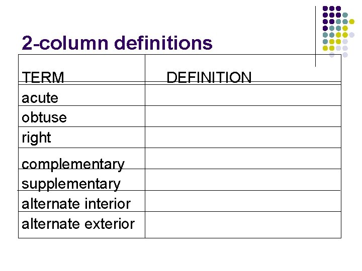 2 -column definitions TERM acute obtuse right complementary supplementary alternate interior alternate exterior DEFINITION