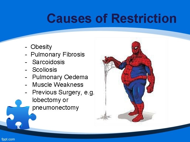 Causes of Restriction - Obesity Pulmonary Fibrosis Sarcoidosis Scoliosis Pulmonary Oedema Muscle Weakness Previous