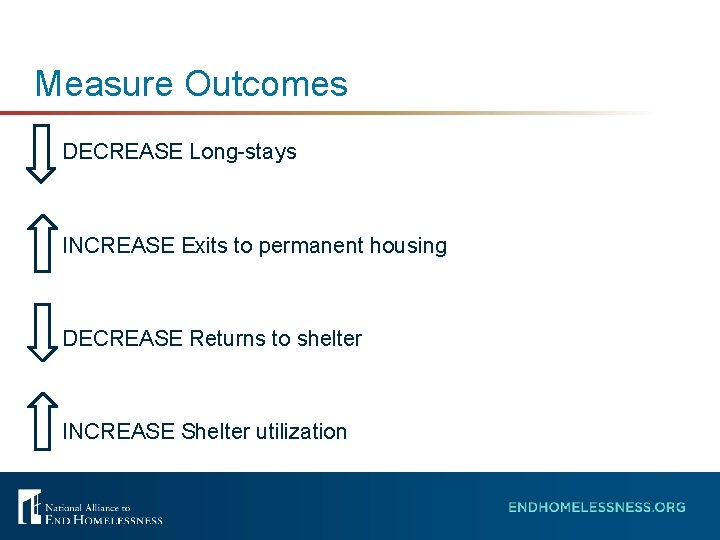 Measure Outcomes DECREASE Long-stays INCREASE Exits to permanent housing DECREASE Returns to shelter INCREASE