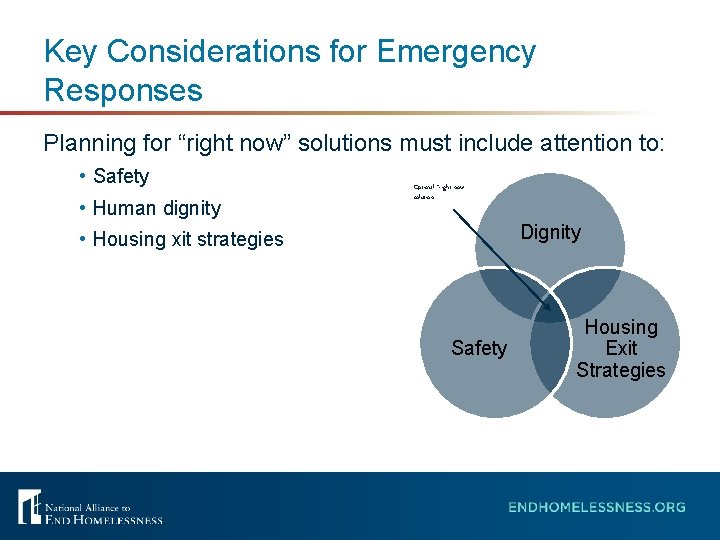 Key Considerations for Emergency Responses Planning for “right now” solutions must include attention to: