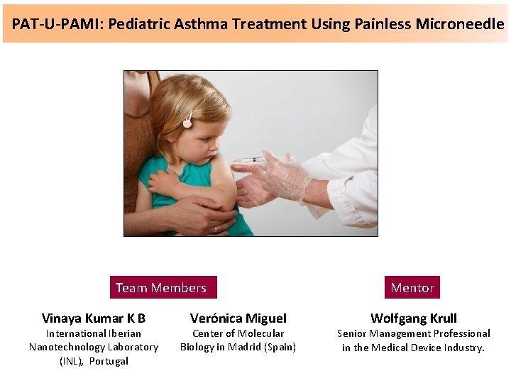 PAT-U-PAMI: Pediatric Asthma Treatment Using Painless Microneedle Team Members Vinaya Kumar K B International