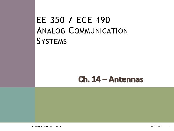 EE 350 / ECE 490 A NALOG C OMMUNICATION S YSTEMS Ch. 14 –