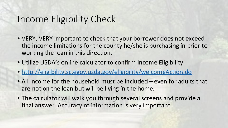 Income Eligibility Check • VERY, VERY important to check that your borrower does not Income Eligibility Check • VERY, VERY important to check that your borrower does not