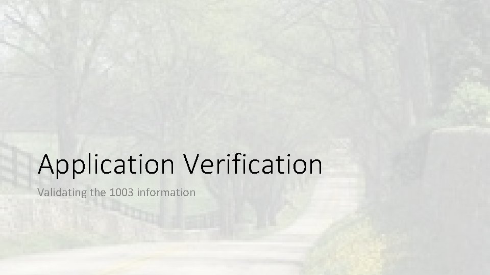 Application Verification Validating the 1003 information Application Verification Validating the 1003 information