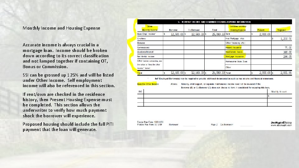 Monthly Income and Housing Expense Accurate income is always crucial in a mortgage loan. Monthly Income and Housing Expense Accurate income is always crucial in a mortgage loan.