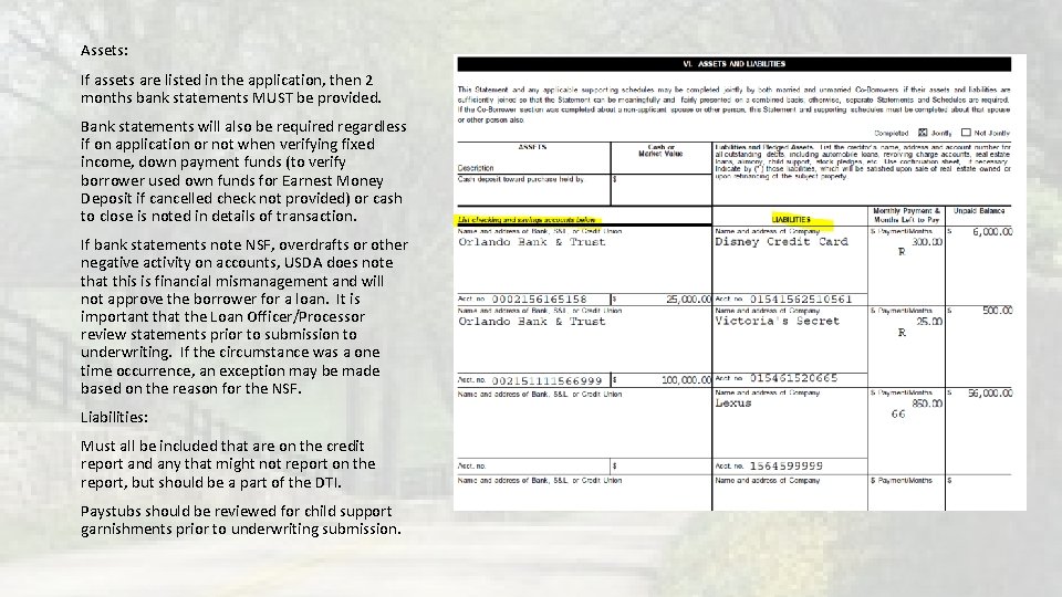 Assets: If assets are listed in the application, then 2 months bank statements MUST Assets: If assets are listed in the application, then 2 months bank statements MUST