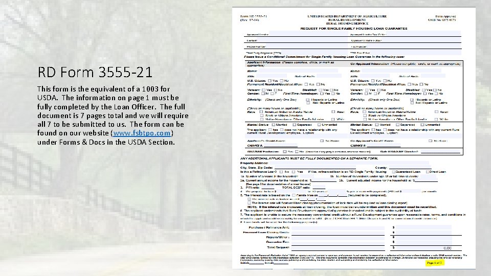 RD Form 3555 -21 This form is the equivalent of a 1003 for USDA. RD Form 3555 -21 This form is the equivalent of a 1003 for USDA.