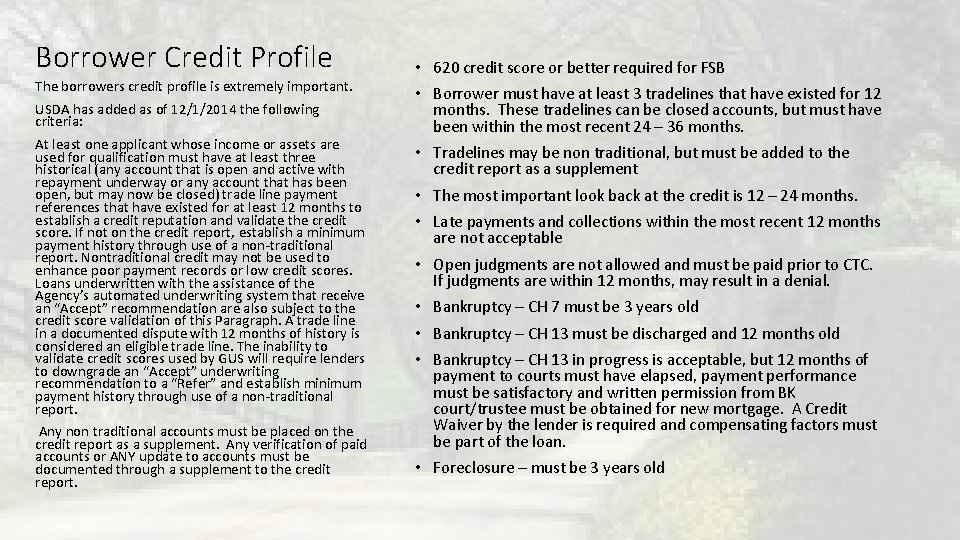 Borrower Credit Profile The borrowers credit profile is extremely important. USDA has added as Borrower Credit Profile The borrowers credit profile is extremely important. USDA has added as